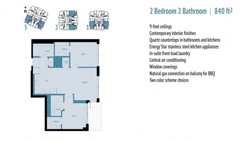 A floor plan of a 2 Bedroom 2 Bathroom apartment sized 840 square feet.